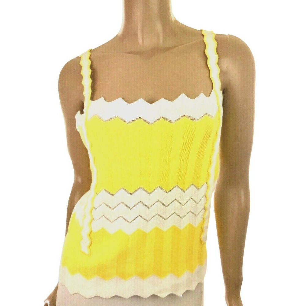 Edun Yellow & White Knit Herringbone Cotton Tank Top Size M Spaghetti Straps